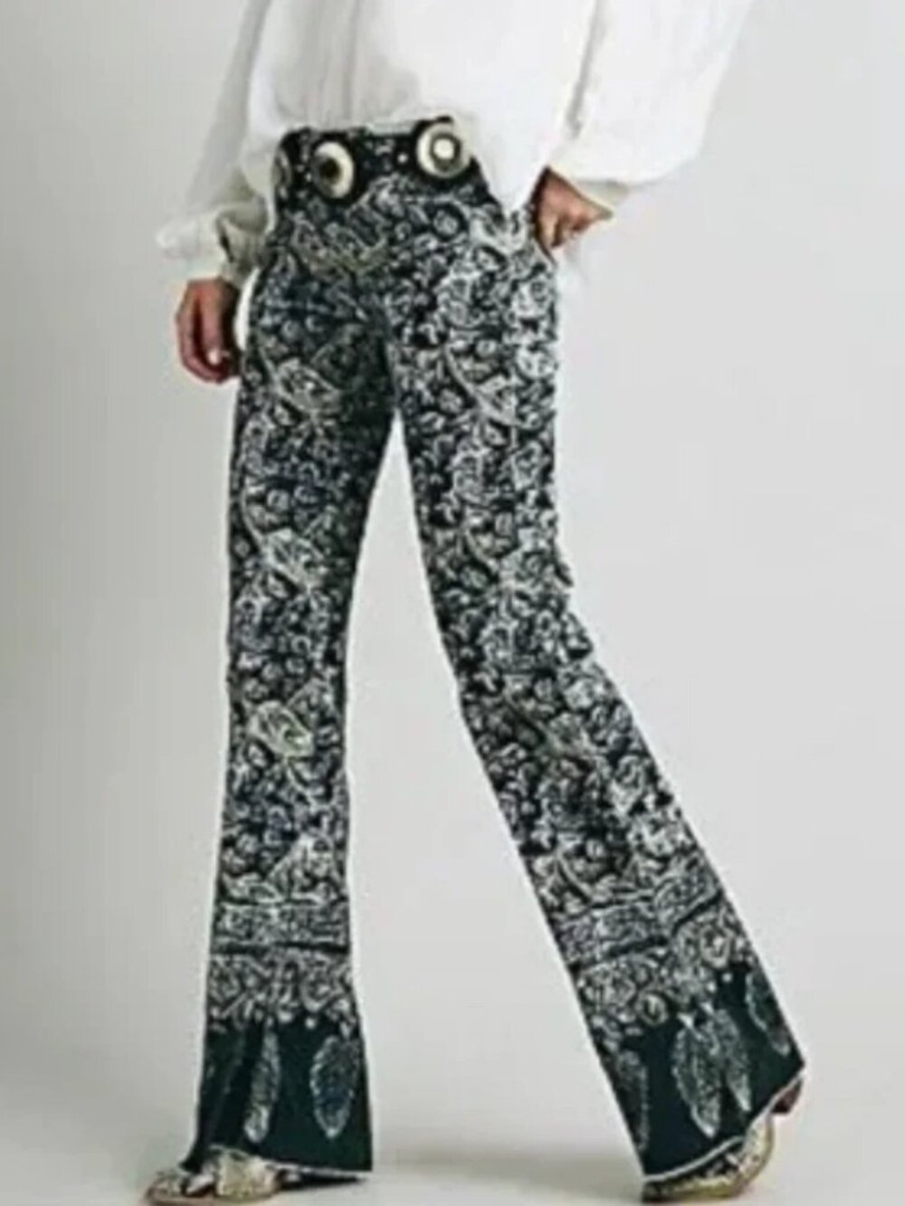 FREE PEOPLE NEW DELHI STRETCH LOW RISE FLARE PANTS CORDUROY PAISLEY FEATHER 26